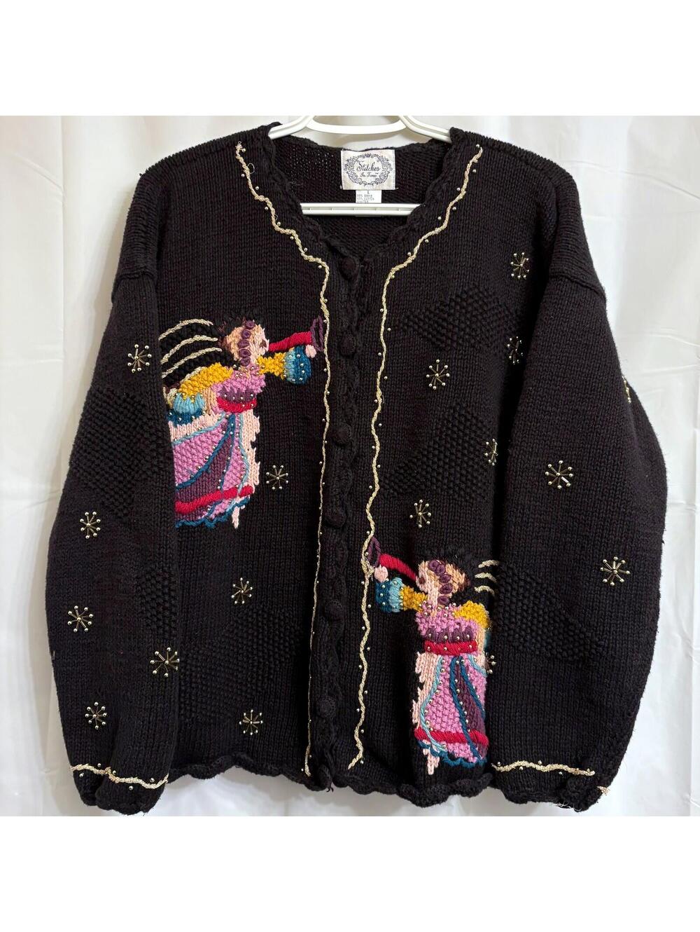 Stitches In Time Sweater Cardigan Women's L Black Christmas Angels Beaded Gold